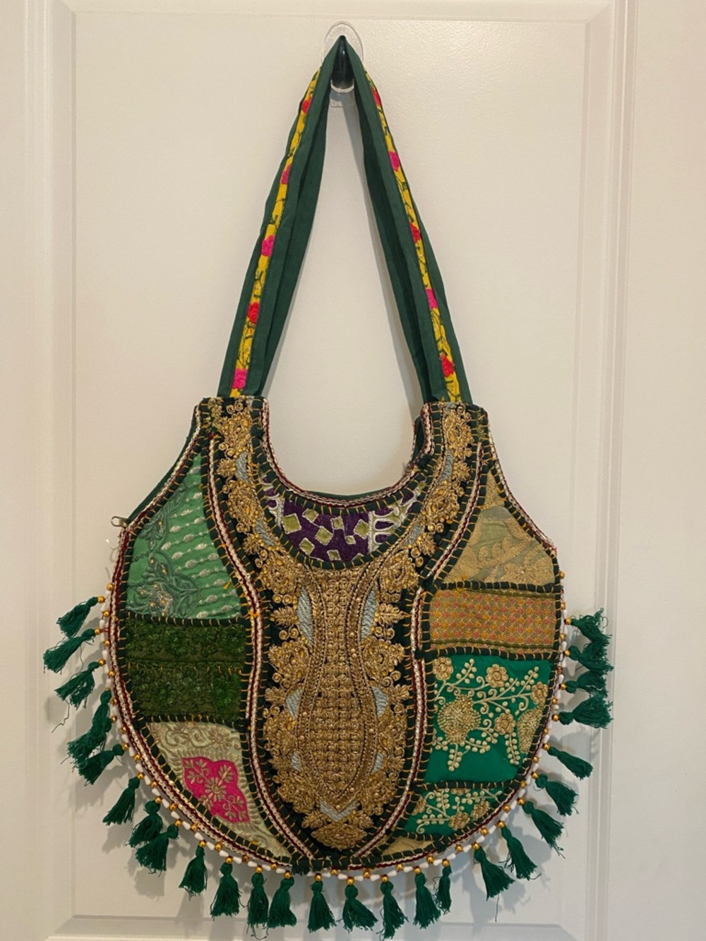 Embellished Green Patchwork Tote Bag with Tassels
